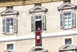 Pope Benedict XVI blesses the crowd from his window in the Vatican Palace, part of the traditional Angelus service which takes place at noon on Sundays.