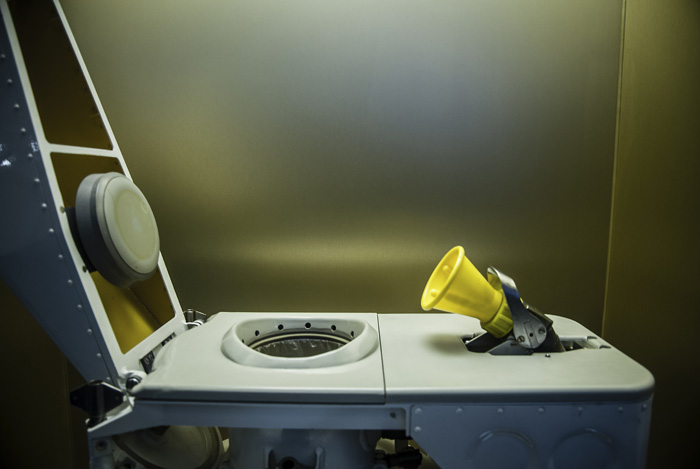 A side profile view of a toilet designed for use in space. ©Adam Jamieson/Getty