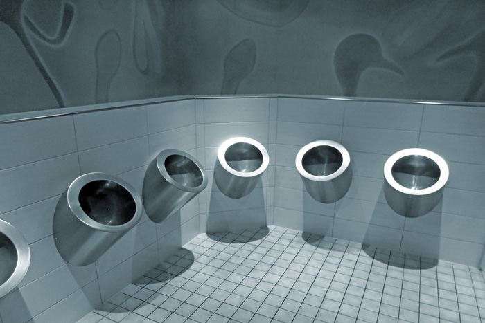 Men's restroom at the Sony Center in Berlin, Germany. ©Werner Monatsspruch/500px