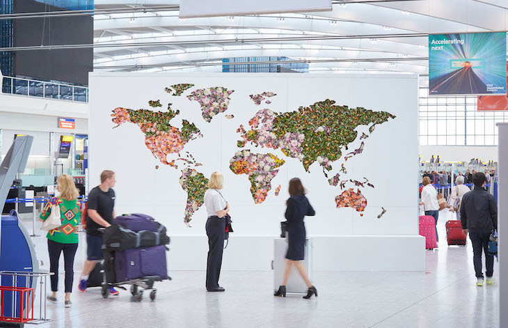 A giant floral map of the world is unveiled at Heathrow to celebrate the airport’s new global fragrance report. The map is 11 ft. by 18ft and uses around 2,000 fresh flower stems and showcases the most popular scents by country en vogue right now, as well as celebrating the new season fragrances. BBZ/REX/SHUTTERSTOCK